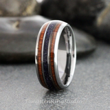 Blue Stone Nebula Koa Wood Silver Gray Tungsten Ring Set