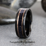 Nebula Blue Sandstone Rose Strip Hammered Tungsten Ring