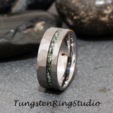 Moss Agate Hammered Offset Silver Gray Tungsten Ring