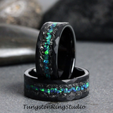 Meteorite and Blue Opal Hammered Tungsten Ring