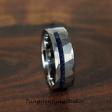 Nebula Blue Sandstone Hammered Offset Tungsten Ring