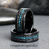 Meteorite and Turquoise Hammered Tungsten Ring