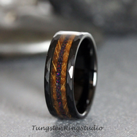 Black Opal and Dark Wood Burnt Whiskey Barrel Hammered Tungsten Carbide ring