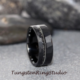 Meteorite with Guitar String Hammered Offset Tungsten Ring