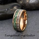 Moss Agate and German Glass Rose Gold Tungsten Ring