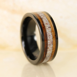 Deer Antler Whiskey Barrel Oak Wood Black Tungsten Ring