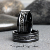 Meteorite White Gold Strip Black Tungsten Carbide Ring