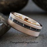 Meteorite and Guitar Sandblasted Rose Gold Tungsten Ring Set