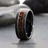 Meteorite Red Dinosaur Bone Yellow Gold Strip Hammered Tungsten Ring