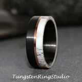 Deer Antler Rose Gold Strip Black Tungsten Ring