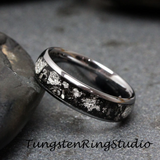 Silver Leaf Meteorite Polished Hammered Tungsten Carbide Ring
