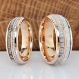 Meteorite Deer Antler Rose Gold Tungsten Ring Set