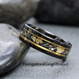 Meteorite Gold Leaf Flat Tungsten Ring Set