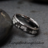 Silver Leaf Meteorite Polished Hammered Tungsten Carbide Ring