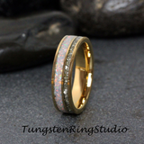 Fire White Opal and Silver German Glass Inlaid Yellow Gold Tungsten Ring 6 mm  8 mm