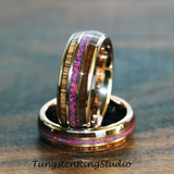 Purple Galactic Opal Koa Wood Rose Gold Tungsten Ring Set