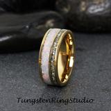 Fire White Opal and Silver German Glass Inlaid Yellow Gold Tungsten Ring 6 mm  8 mm