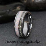 Fire White Opal and Silver German Glass Inlaid Tungsten carbide Ring 6 mm 8 mm