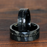 Meteorite Hammered Black Tungsten Ring Set