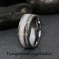 Fire White Opal and Silver German Glass Inlaid Tungsten Carbide Ring 6 mm 8 mm