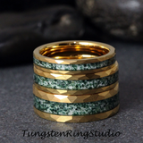 Moss Agate Hammered Yellow Gold Tungsten Ring 4mm 6mm 8mm