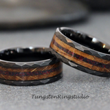 Black Opal and Dark Wood Burnt Whiskey Barrel Hammered Tungsten Carbide ring