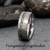 Moss Agate Hammered Offset Silver Gray Tungsten Ring