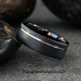 Silver Accent Sandblasted Black Tungsten Carbide Ring