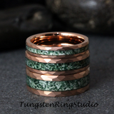 Moss Agate Hammered Rose Gold Tungsten Ring 4mm 6mm 8mm