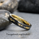 Meteorite Gold Leaf Black Hammered Tungsten Ring Set