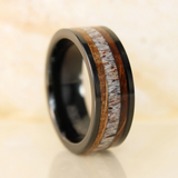 Deer Antler Whiskey Barrel Oak Wood Black Tungsten Ring