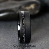 Meteorite with Guitar String Sandblasted Black Tungsten Ring 8 mm