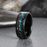 Meteorite and Blue Opal Hammered Tungsten Ring