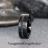 Meteorite with Guitar String Hammered Offset Tungsten Ring