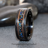 Meteorite Crushed Galaxy Opal Rose Gold Strip Hammered Tungsten Ring