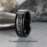 Meteorite White Gold Strip Black Tungsten Carbide Ring