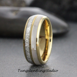 Meteorite Mother of Pearl Yellow Gold Tungsten Ring Set