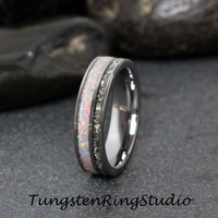 Fire White Opal and Silver German Glass Inlaid Tungsten carbide Ring 6 mm 8 mm