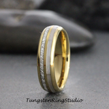 Meteorite Mother of Pearl Yellow Gold Tungsten Ring Set