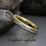 Meteorite Mother of Pearl Yellow Gold Tungsten Ring Set