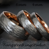 Hammered Rose Gold Gray Tungsten Carbide Ring 2 mm 4 mm 6 mm 8 mm