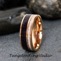 Crushed Fire White Opal and Black Opal Inlaid Rose Gold Tungsten Carbide Ring 6 mm 8 mm