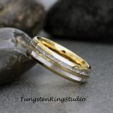 Meteorite Mother of Pearl Yellow Gold Tungsten Ring Set