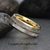 Meteorite Mother of Pearl Yellow Gold Tungsten Ring Set