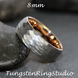 Hammered Rose Gold Gray Tungsten Carbide Ring 2 mm 4 mm 6 mm 8 mm