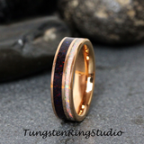 Crushed Fire White Opal and Black Opal Inlaid Rose Gold Tungsten Carbide Ring 6 mm 8 mm