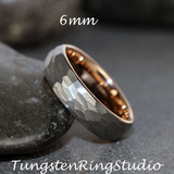 Hammered Rose Gold Gray Tungsten Carbide Ring 2 mm 4 mm 6 mm 8 mm