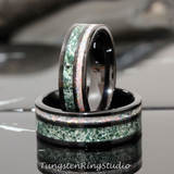 Moss Agate White Opal Black Tungsten Ring Set