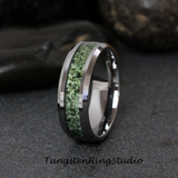 Moss Agate Silver Gray Beveled Tungsten Ring 4mm 6mm 8mm