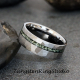 Moss Agate Hammered Offset Silver Gray Tungsten Ring